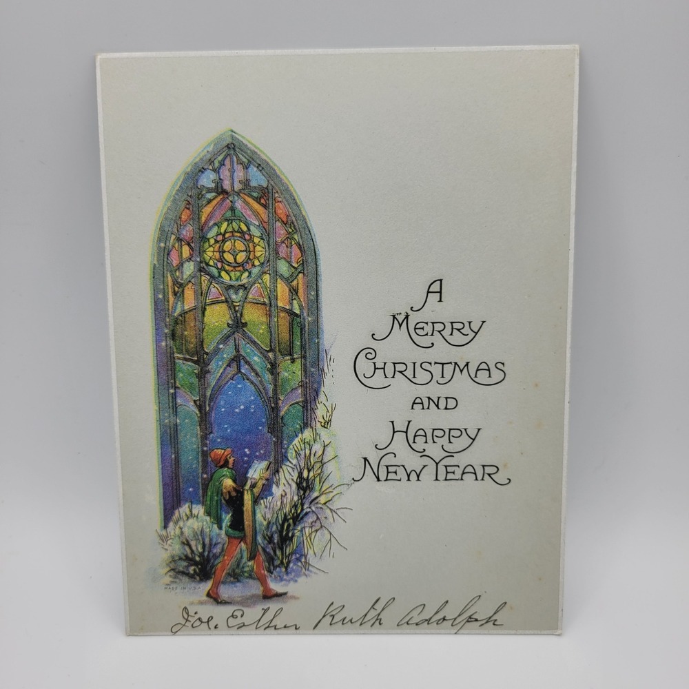 Vintage Merry Christmas Happy‎ New Year Stained Glass Greeting Card
